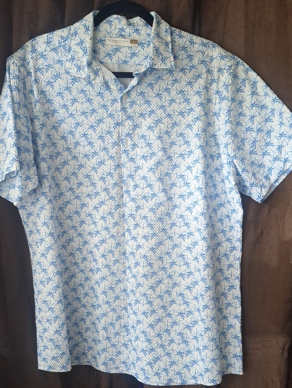 Hart Schaffner Marx White Short-Sleeve Shirt with Blue Palm Print